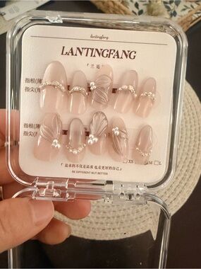 Nude Pink Press-On Nails with Pearl Accents